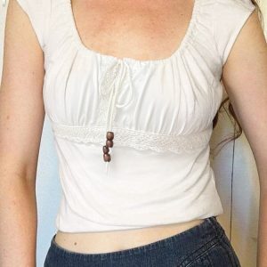 Versatile Solid Color Tie-Up Ruffled Square Neck T-Shirt with Lace Splicing for Women - Slim Fit Short Sleeve Top, Y2K Fashion