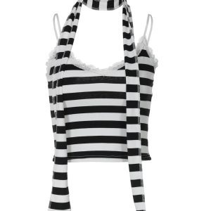 Versatile Striped Lace Spliced Slim Fit Halter Top with Flowing Straps - Perfect for Daily Wear and Y2K Style