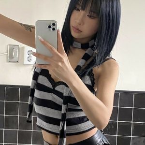 Versatile Striped Lace Spliced Slim Fit Halter Top with Flowing Straps - Perfect for Daily Wear and Y2K Style