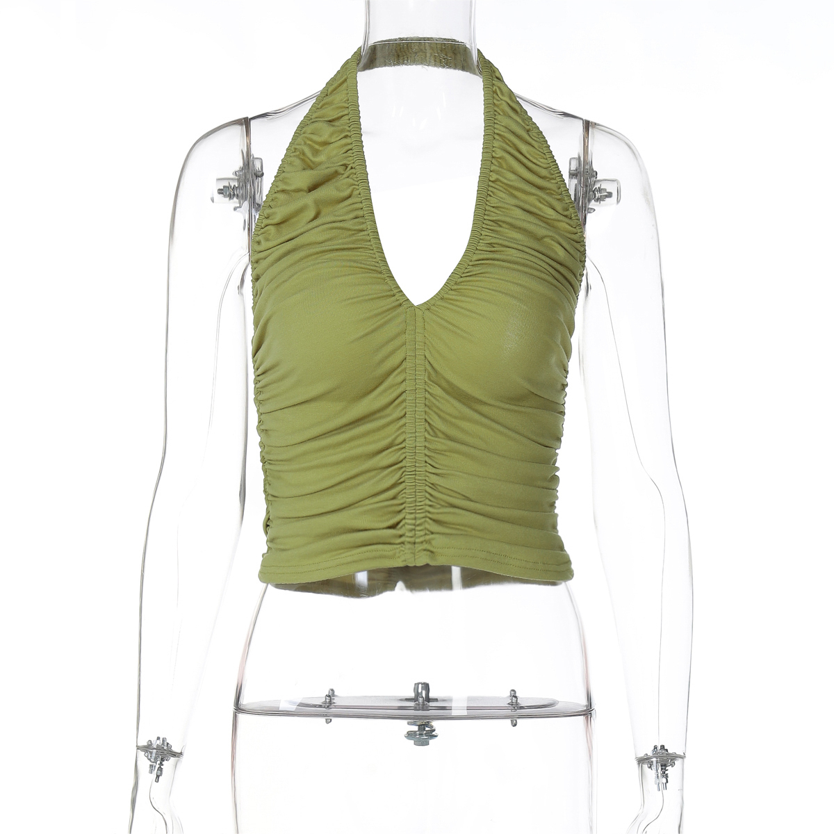 Versatile Summer Women's Deep V-Neck Halter Top, Elastic Ruched Waist, Slim Fit, Backless Short Top, Sexy Korean Style Fashion