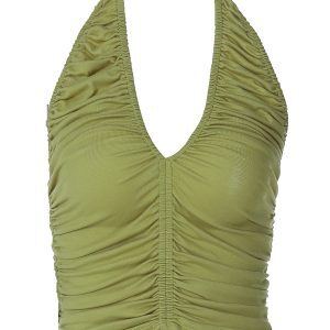 Versatile Summer Women's Deep V-Neck Halter Top, Elastic Ruched Waist, Slim Fit, Backless Short Top, Sexy Korean Style Fashion