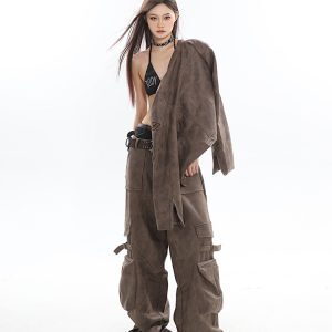 Versatile Vintage-Inspired Wide-Leg Workwear Pants and Jacket Set in Deep Coffee - Stylish Niche Design