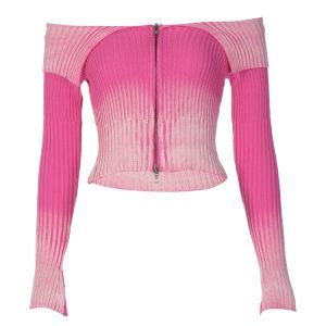 Vertical Striped Zip-Up Long Sleeve Knitted Sweater for Women - Off-Shoulder Slim Fit Crop Top, Trendy Y2K Style