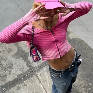 Vertical Striped Zip-Up Long Sleeve Knitted Sweater for Women - Off-Shoulder Slim Fit Crop Top, Trendy Y2K Style