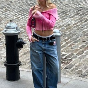 Vertical Striped Zip-Up Long Sleeve Knitted Sweater for Women - Off-Shoulder Slim Fit Crop Top, Trendy Y2K Style