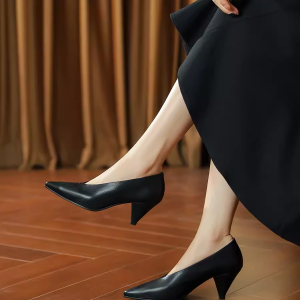Vintage 6cm Chunky Heel High Heels for Women, Genuine Soft Leather Pointed Toe Flats, 2025 Autumn Fashion