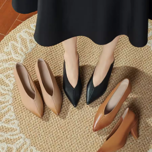 Vintage 6cm Chunky Heel High Heels for Women, Genuine Soft Leather Pointed Toe Flats, 2025 Autumn Fashion