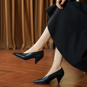 Vintage 6cm Chunky Heel High Heels for Women, Genuine Soft Leather Pointed Toe Flats, 2025 Autumn Fashion