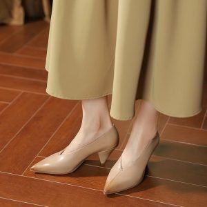 Vintage 6cm Chunky Heel High Heels for Women, Genuine Soft Leather Pointed Toe Flats, 2025 Autumn Fashion