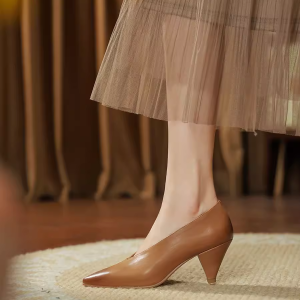 Vintage 6cm Chunky Heel High Heels for Women, Genuine Soft Leather Pointed Toe Flats, 2025 Autumn Fashion