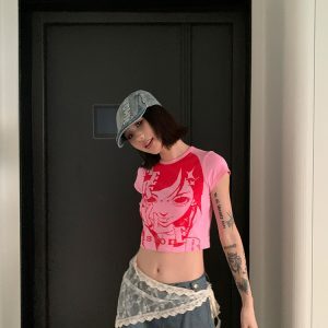 Vintage American Comic Girl Round Neck Crop Top for Women - Slim Fit Short Sleeve T-Shirt - Y2K Summer Style