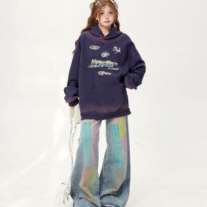 Vintage American High Street Tie-Dye Distressed Hoodie for Women - Loose Printed Pullover Jacket, Spring Autumn 2025 Trend