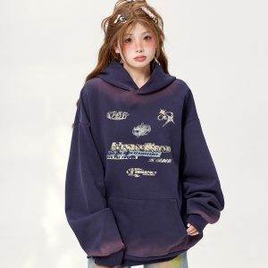 Vintage American High Street Tie-Dye Distressed Hoodie for Women - Loose Printed Pullover Jacket, Spring Autumn 2025 Trend