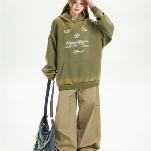 Vintage American High Street Tie-Dye Distressed Hoodie for Women - Loose Printed Pullover Jacket, Spring Autumn 2025 Trend