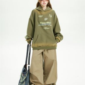 Vintage American High Street Tie-Dye Distressed Hoodie for Women - Loose Printed Pullover Jacket, Spring Autumn 2025 Trend