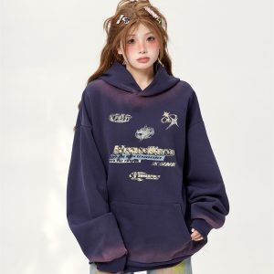 Vintage American High Street Tie-Dye Distressed Hoodie for Women - Loose Printed Pullover Jacket, Spring Autumn 2025 Trend