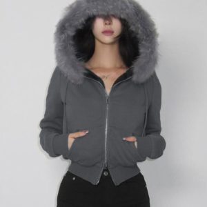Vintage American Letter Embroidery Fleece Hoodie Women's Zipper Cardigan Loose Fur Coat, 90s Inspired Fashion Outerwear