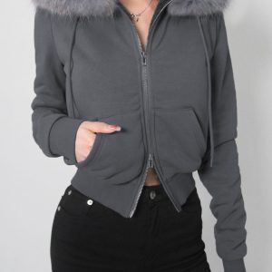 Vintage American Letter Embroidery Fleece Hoodie Women's Zipper Cardigan Loose Fur Coat, 90s Inspired Fashion Outerwear