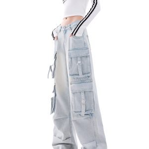 Vintage American Multi-Pocket Denim Cargo Pants for Women - High Street Loose Straight Wide-Leg Style