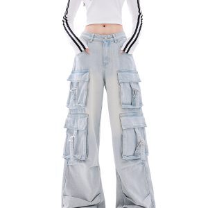 Vintage American Multi-Pocket Denim Cargo Pants for Women - High Street Loose Straight Wide-Leg Style