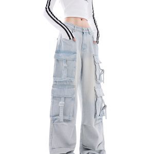 Vintage American Multi-Pocket Denim Cargo Pants for Women - High Street Loose Straight Wide-Leg Style