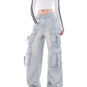 Vintage American Multi-Pocket Denim Cargo Pants for Women - High Street Loose Straight Wide-Leg Style