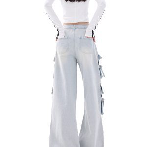 Vintage American Multi-Pocket Denim Cargo Pants for Women - High Street Loose Straight Wide-Leg Style