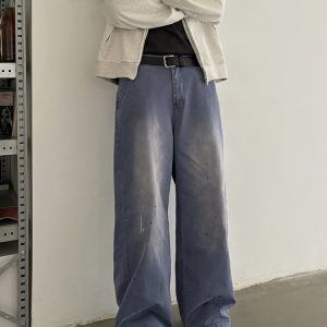 Vintage American Retro Distressed Ink-Splash Cargo Pants for Men and Women - Straight Loose Fit, Y2K Style, Fashionable Workwear