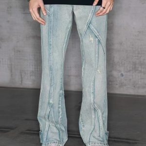 Vintage American-Style Ripped Straight-Leg Jeans with Split Design and Zipper – Casual Y2K Fashion Pants for Effortless Style