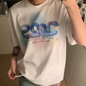 Vintage Animal Print Round Neck T-Shirt for Men and Women - Casual Loose Fit Short Sleeve Tee for Summer Fashion