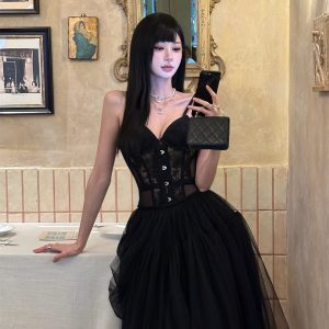 Vintage Ballet Tulle Midi Skirt - A-Line Puff Skirt with Lace Corset for Women's Summer Fashion