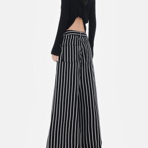 Vintage Black and White Striped Wide-Leg High-Waisted Loose Floor-Length Jeans for Y2K and 90s Inspired Style