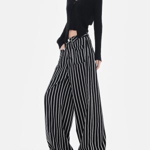 Vintage Black and White Striped Wide-Leg High-Waisted Loose Floor-Length Jeans for Y2K and 90s Inspired Style