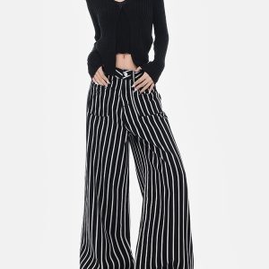 Vintage Black and White Striped Wide-Leg High-Waisted Loose Floor-Length Jeans for Y2K and 90s Inspired Style