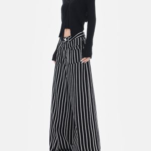 Vintage Black and White Striped Wide-Leg High-Waisted Loose Floor-Length Jeans for Y2K and 90s Inspired Style