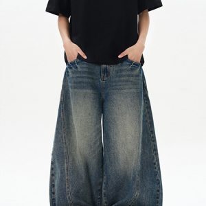 Vintage Blue Cleanfit Washed Twill Curved Blade Jeans for Unisex - Trendy Baggy Straight Scythe Pants in 90s Y2K Style