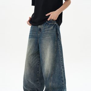Vintage Blue Cleanfit Washed Twill Curved Blade Jeans for Unisex - Trendy Baggy Straight Scythe Pants in 90s Y2K Style