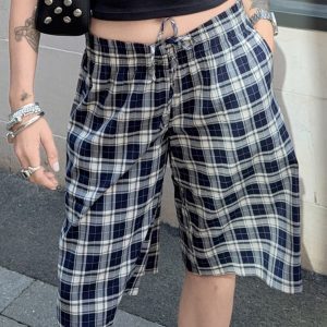 Vintage Blue Plaid Casual Pants for Women - Drawstring Low Waist Loose Straight Leg Mid-Length Trousers - Y2K Style