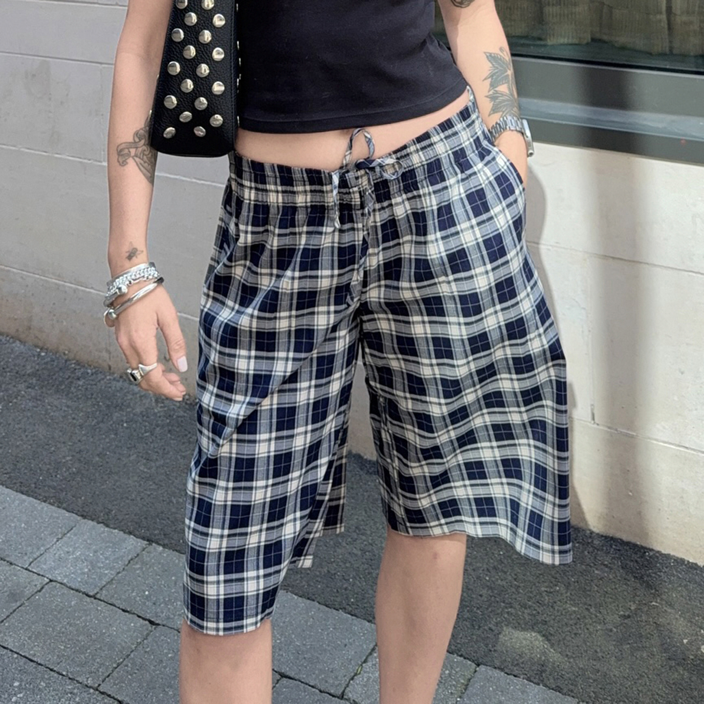 Vintage Blue Plaid Casual Pants for Women - Drawstring Low Waist Loose Straight Leg Mid-Length Trousers - Y2K Style