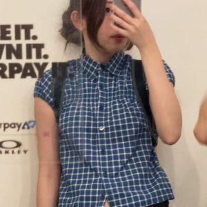 Vintage Blue Plaid Puff Sleeve T-Shirt for Women - College Style Versatile Polo Collar Top, Y2K Fashion, Trendy Casual Wear