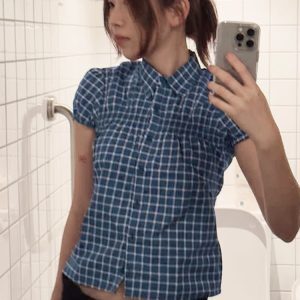 Vintage Blue Plaid Puff Sleeve T-Shirt for Women - College Style Versatile Polo Collar Top, Y2K Fashion, Trendy Casual Wear