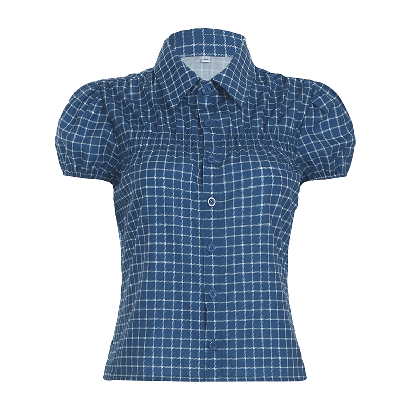 Vintage Blue Plaid Puff Sleeve T-Shirt for Women - College Style Versatile Polo Collar Top, Y2K Fashion, Trendy Casual Wear