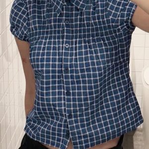 Vintage Blue Plaid Puff Sleeve T-Shirt for Women - College Style Versatile Polo Collar Top, Y2K Fashion, Trendy Casual Wear