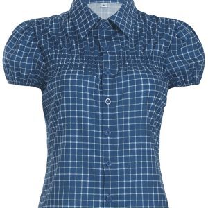 Vintage Blue Plaid Puff Sleeve T-Shirt for Women - College Style Versatile Polo Collar Top, Y2K Fashion, Trendy Casual Wear