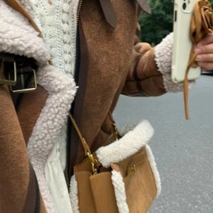 Vintage Brown Lamb Wool Crossbody Tote Bag - Matte Suede Large Capacity Commuter Handbag for Women, Small Square Design