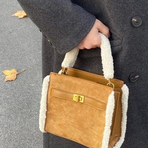 Vintage Brown Lamb Wool Crossbody Tote Bag - Matte Suede Large Capacity Commuter Handbag for Women, Small Square Design
