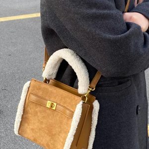 Vintage Brown Lamb Wool Crossbody Tote Bag - Matte Suede Large Capacity Commuter Handbag for Women, Small Square Design