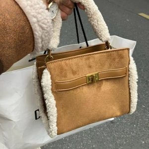 Vintage Brown Lamb Wool Crossbody Tote Bag - Matte Suede Large Capacity Commuter Handbag for Women, Small Square Design