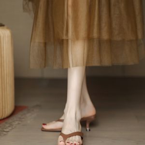 Vintage Brown Leather High-Heeled Flip-Flops for Women, Thin Heels Slip-On Outdoor Sandals, Summer Fashion Footwear