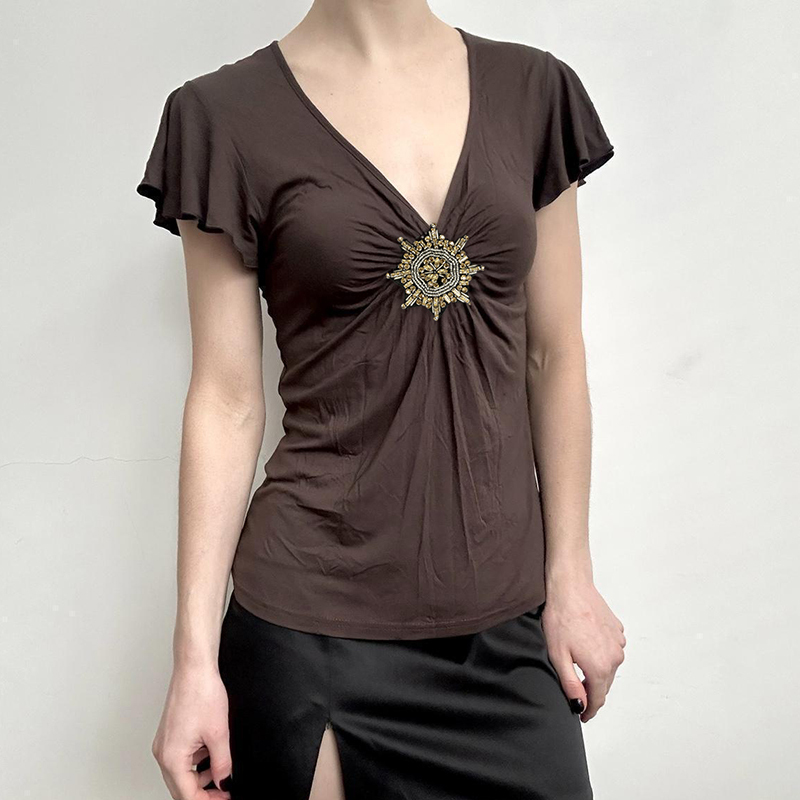 Vintage Brown Rhinestone Spliced V-Neck T-Shirt for Women, Slim Fit Flutter Sleeve Knitted Top, Y2K Style Fashion